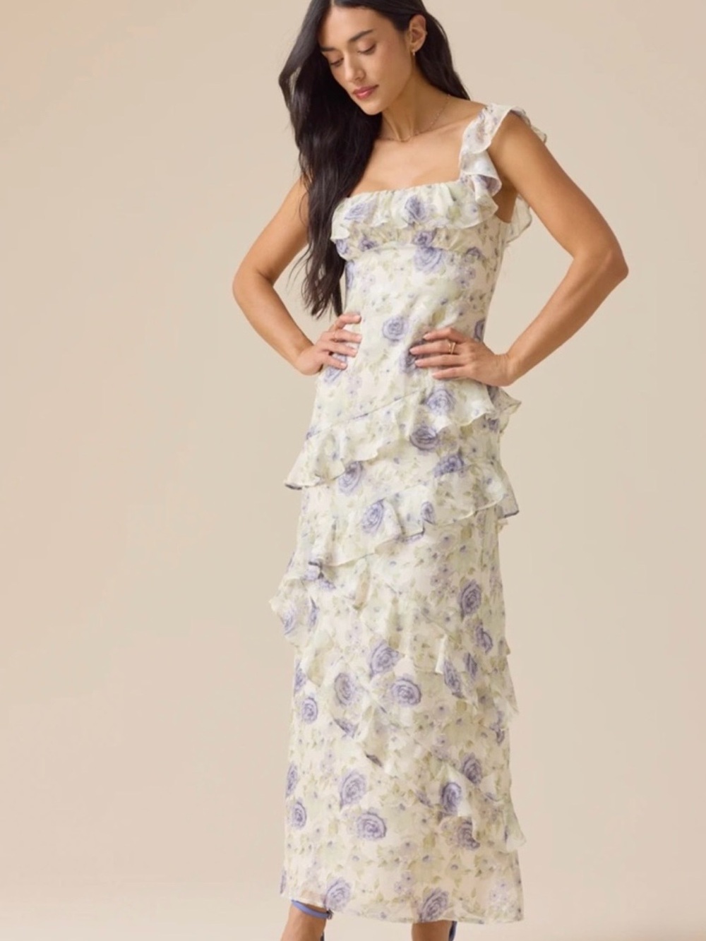 Altar'd State Lavender Floral Ruffle Maxi Dress